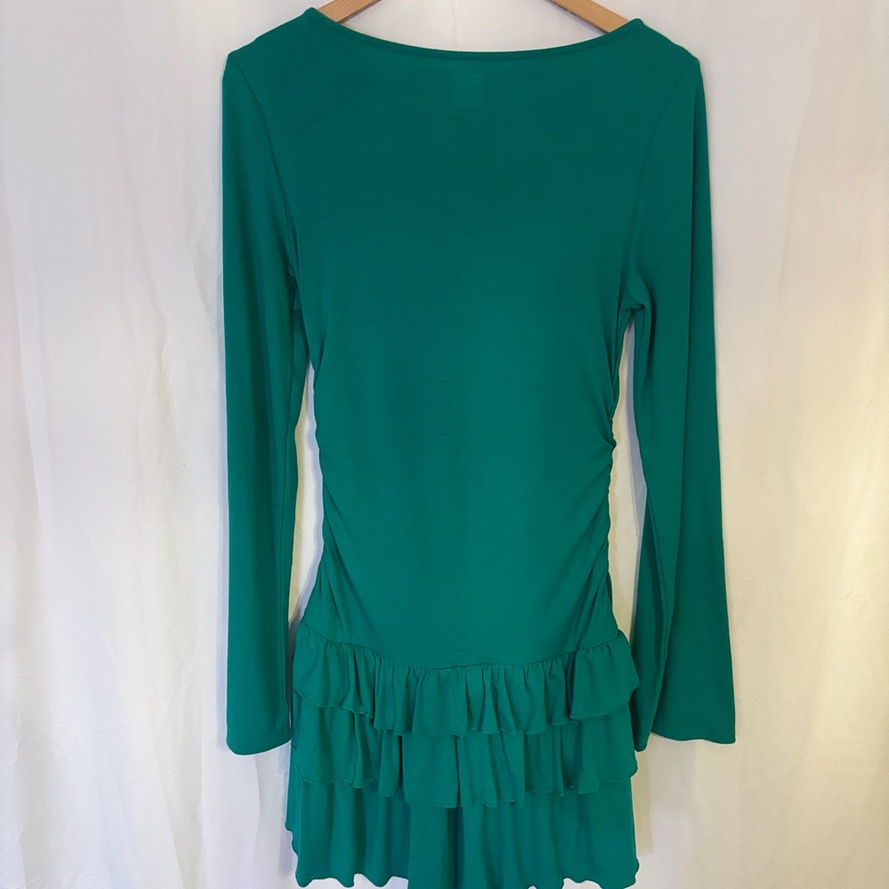 Free People 'Good Feels' Ruffle Long Sleeve Mini Dress in Emerald Green | Size L - Picture 3 of 5